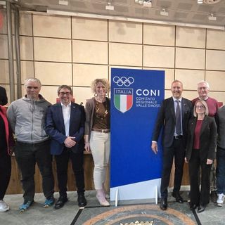 La nuova Giunta Coni VdA, da sinistra: Guidi, Mosca Barberis, Serra, Favre, il Pres. Dondeynaz, Pellizzer, Vietti e Comé