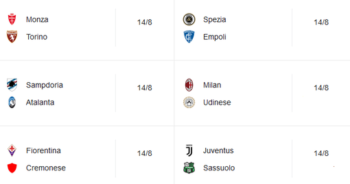 Calendario prima giornata