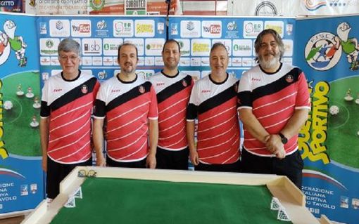 Da sinistra Paolo Ciboldi, Bernardo Ricco, Filippo Filippella (cap.), Francesco Zolfanelli, Riccardo Nicoletti, tesserati asd Calcio Tavolo Aosta