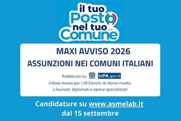 Assunzioni nei Comuni, al via il Maxi Avviso ASMEL 2026: 39 profili e candidature online dal 15 settembre