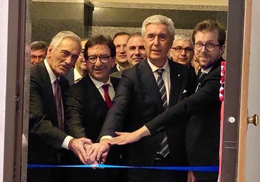 Il presidente FIGC Gabriele Gravina, il presidente regionale Christian Mossino, il presidente LND Cosimo Sibilia