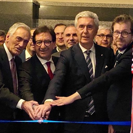 Il presidente FIGC Gabriele Gravina, il presidente regionale Christian Mossino, il presidente LND Cosimo Sibilia