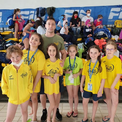 da sin. Giorgia Albace, Annamaria Fazari, Coach Mattia Castiglioni, Arianna Musso, Clio Di Donato, Greta Vicentini e Lisa Lillaz