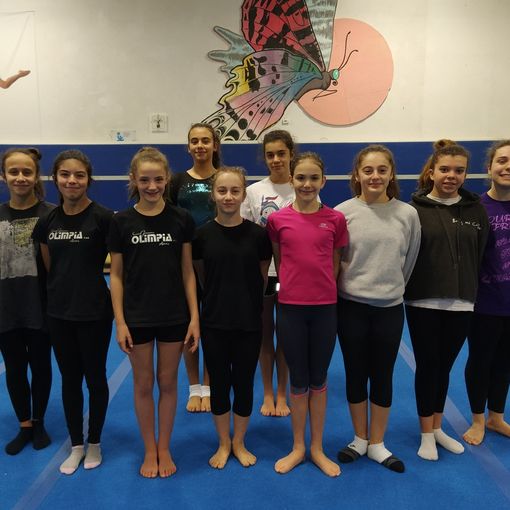 Alcune delle ginnaste dell’Olimpia in gara questa domenica: Annika Gérard, Giada De Gaetano, Serena Molinari, Rebecca Sergi, Elisa Raso, Alessandra Fiscella, Nicole Désandré, Giulia Barbato, Sara Del Monte e Nicole Trevisan