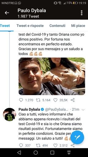 Coronavirus, anche Dybala è positivo: "Ma sto bene, come la mia fidanzata" Coronavirus, anche Dybala è positivo: "Ma sto bene, come la mia fidanzata"