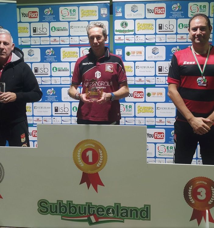 Premiazione Guerin Subbuteo: il podio delle Finali del Guerin Subbuteo 2022, da Sx Stefano Cafaggi, Cesare Santanicchia e Filippo Filippella