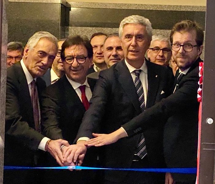 Il presidente FIGC Gabriele Gravina, il presidente regionale Christian Mossino, il presidente LND Cosimo Sibilia