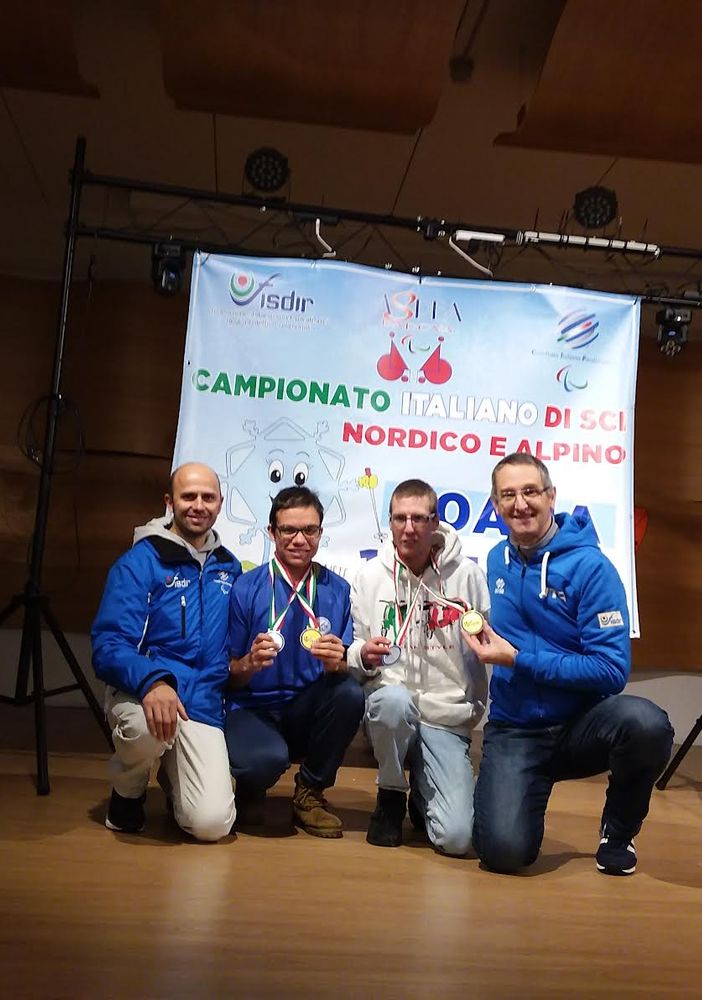 Da sinistra l’allenatore nazionale Chadel Jean Paul, i due atleti Alex Grivon e Daniel Brunod, e il commissario tecnico nazionale Alberto Stella