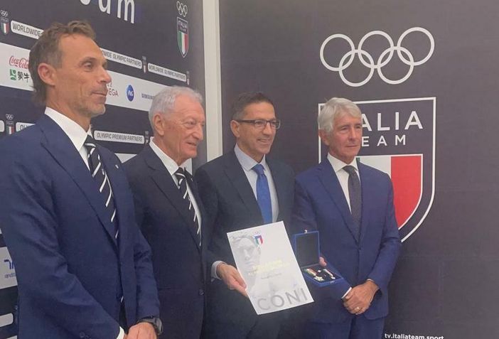 Nella foto da sinistra a destra: Carlo Mornati (Segretario Generale Coni), Luciano Buonfiglio (Presidente Coni), Roberto Favre (Presidente FIB) e Andrea Abodi (Ministro per lo Sport e i GIovani)