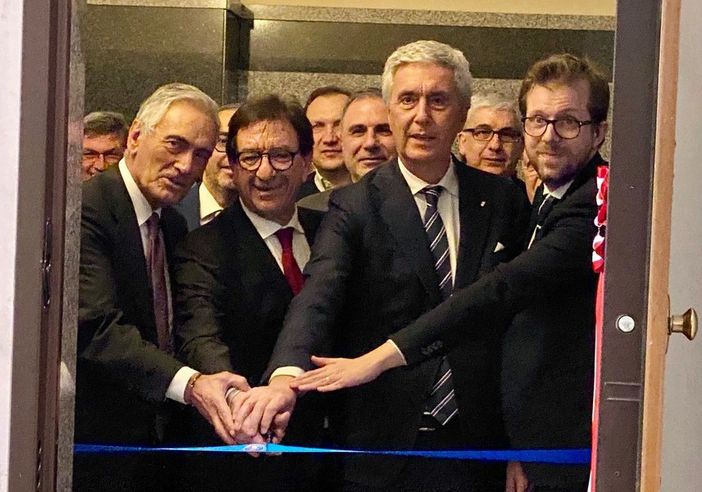 Il presidente FIGC Gabriele Gravina, il presidente regionale Christian Mossino, il presidente LND Cosimo Sibilia