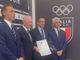 Nella foto da sinistra a destra: Carlo Mornati (Segretario Generale Coni), Luciano Buonfiglio (Presidente Coni), Roberto Favre (Presidente FIB) e Andrea Abodi (Ministro per lo Sport e i GIovani)
