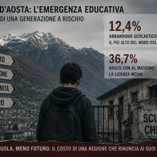 L'Immagine generata con intelligenza artificiale traduce visivamente il contrasto che emerge dall’articolo: una Valle d’Aosta apparentemente prospera ma con una fragilità educativa che rischia di svuotare il futuro della Petite Patrie