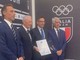 Nella foto da sinistra a destra: Carlo Mornati (Segretario Generale Coni), Luciano Buonfiglio (Presidente Coni), Roberto Favre (Presidente FIB) e Andrea Abodi (Ministro per lo Sport e i GIovani)
