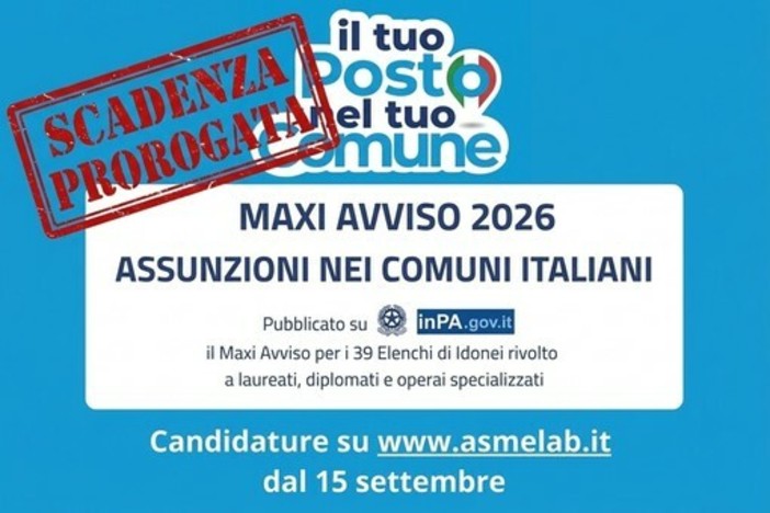 Maxi avviso ASMEL 2026, boom di candidature: prorogata la scadenza al 15 ottobre Maxi avviso ASMEL 2026, boom di candidature: prorogata la scadenza al 15 ottobre