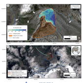 La foto ricostruisce l’area sorgente dell’evento: circa 0,32 km² di ghiacciaio coinvolto, corrispondenti a una stima di 23,1 milioni di m³ di ghiaccio, associati a un’importante area di instabilità del versante roccioso. La linea tratteggiata indica la direzione iniziale della massa mobilizzata